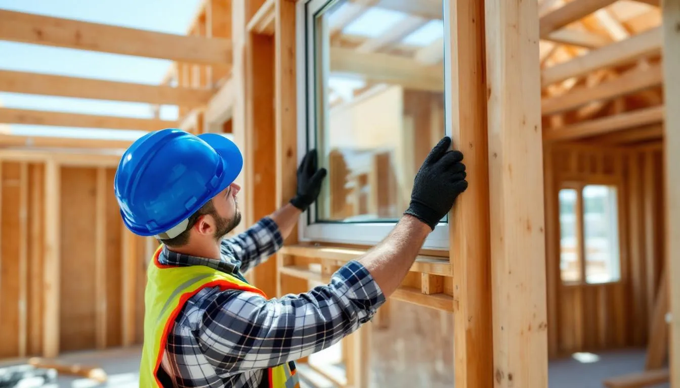 Un poseur de fenêtre professionnel installe une fenêtre sur un chantier, veillant à la qualité et à la sécurité de son travail. L'équipe utilise des matériaux adaptés pour garantir une bonne isolation et une finition impeccable.