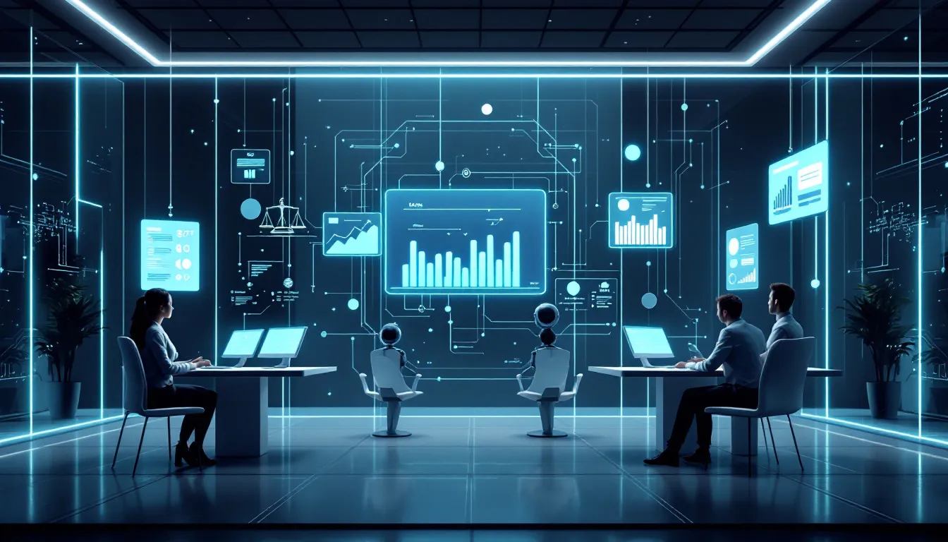 A futuristic concept of AI in law firms, illustrating upcoming trends and technologies.
