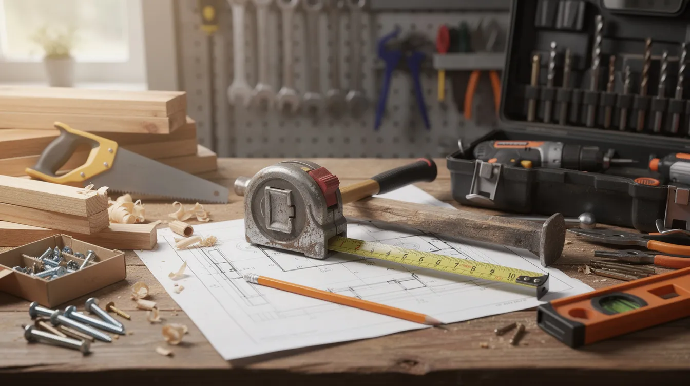 The image shows a wooden workbench cluttered with various construction tools and building materials, essential for any flip project in real estate investing. These tools are vital for fix and flip investors looking to maximize profits through renovations and successful real estate transactions.