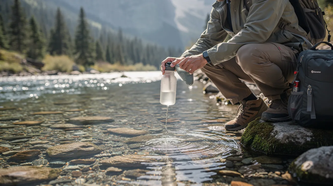 A person is crouching beside a clear mountain stream, using a small squeeze water filter to fill a water bottle, demonstrating the effectiveness of portable water filters for purifying water in outdoor settings. This scene highlights the importance of having reliable survival water filters for accessing clean drinking water in emergency situations.