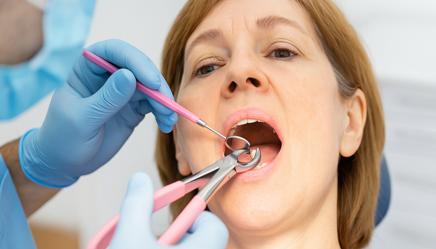 Refusjon ved trekking av tenner – Hva har du rett på? 14 En kvinne får tann trukket hos tannlegen, med verktøy og hansker i en ren klinisk setting uten tekst.