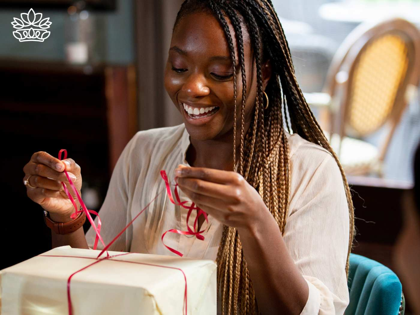 Happy woman with braided hair joyfully unwrapping a gift box, capturing a moment of excitement and surprise, from the Gift Boxes by Type Collection at Fabulous Flowers and Gifts