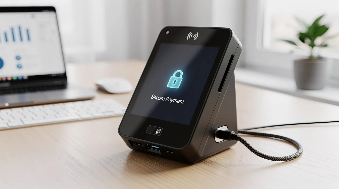 The image shows a secure digital payment terminal placed on a modern office desk, designed for businesses to accept payments online efficiently. It highlights features like hardware security modules and QR codes, ensuring a reliable and straightforward payment process for clients while maintaining regulatory compliance.