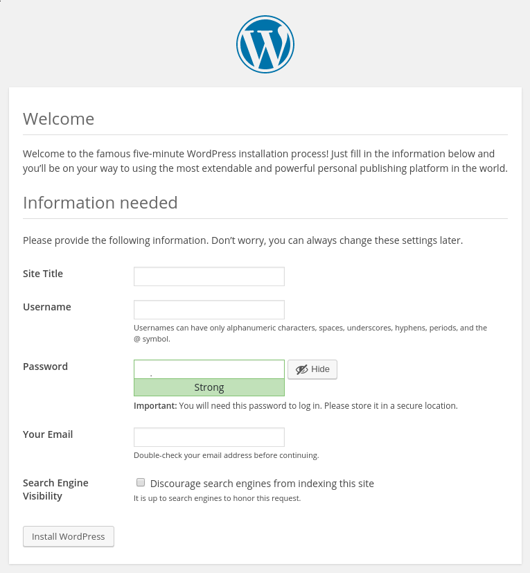 WordPress welcome page