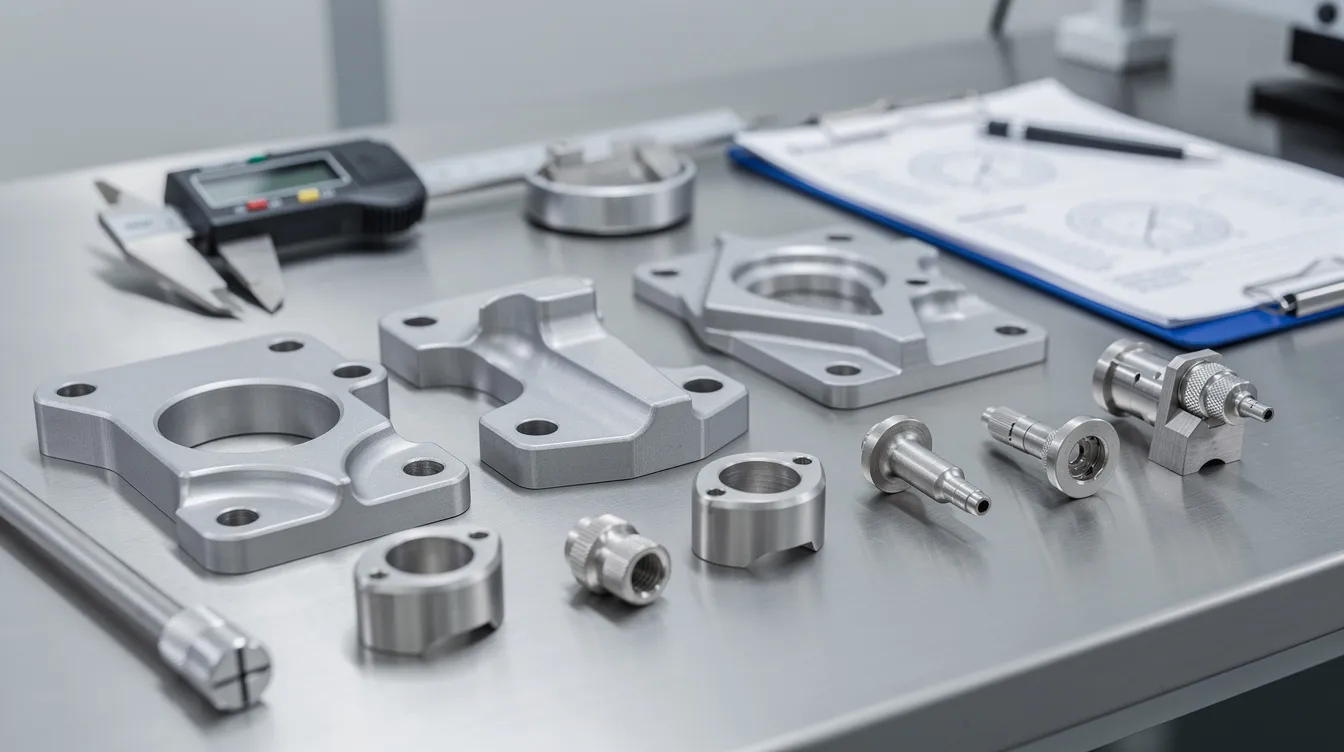 An assortment of precision machined aerospace brackets and medical instrument components is neatly arranged on an inspection table, showcasing high-quality CNC machined parts designed for tight tolerances and durability. These components highlight the advanced manufacturing processes used in CNC machining, suitable for various industries including aerospace and medical applications.