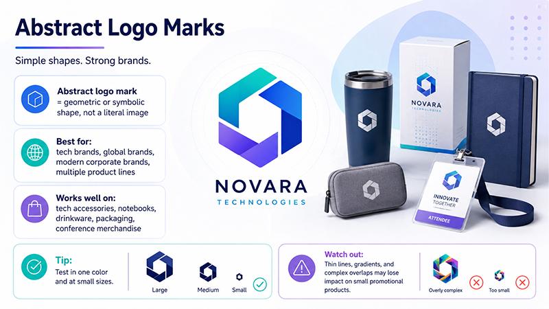 Abstract logo mark with YOUR LOGO applied to tumbler, notebook, box, badge holder and accessory pouch