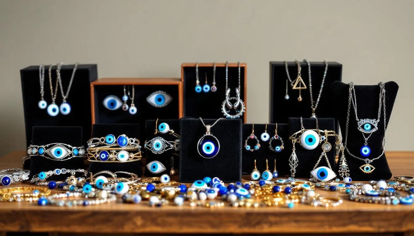The image showcases a diverse collection of evil eye jewellery, including bracelets, necklaces, and earrings, designed to ward off negative energies and protect against bad luck. Each piece features the iconic evil eye symbol, crafted in various styles and materials, appealing to cultures around the world.