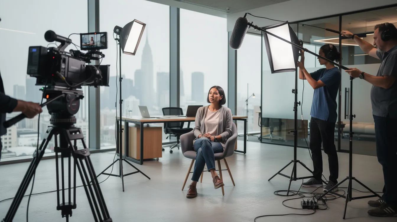 A video production crew is filming an interview in a modern office space, equipped with professional lighting and camera equipment. This behind-the-scenes scene showcases the careful planning and production involved in creating engaging promotional videos that effectively connect with the target audience.