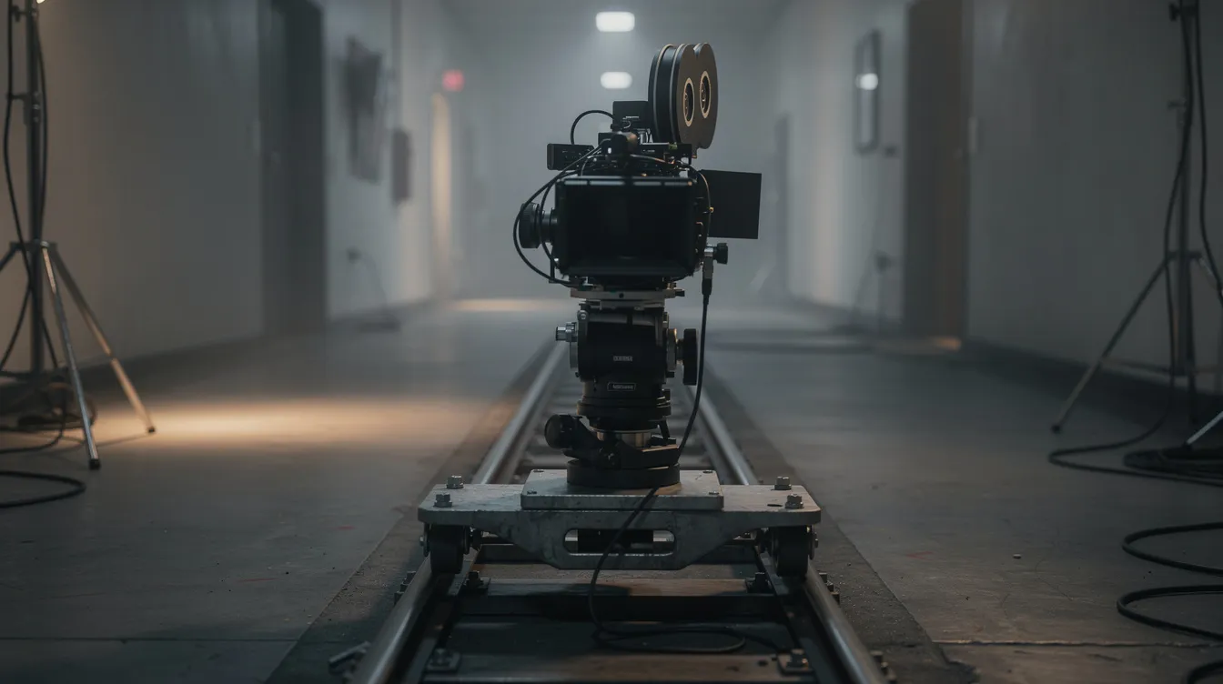 Eine Filmkamera steht auf einer Schiene in einem schwach beleuchteten Korridor, bereit für eine lange Kamerafahrt durch das Set, möglicherweise in einer Kaffeerösterei in Hamburg Altona. Die Atmosphäre wirkt geheimnisvoll und spannend, während die Kamera auf ihre Aufgabe wartet.