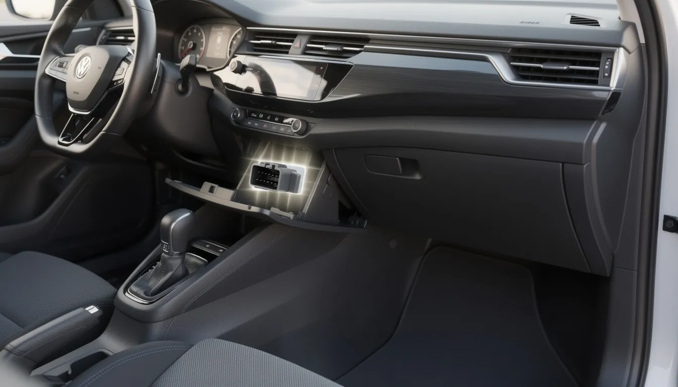 The image depicts a modern car interior, highlighting the OBD2 port located under the dashboard near the steering wheel, which is essential for connecting various GPS tracking devices for accurate vehicle tracking. This area is crucial for car owners looking to install a hidden GPS tracker to monitor their vehicle's location and enhance security.