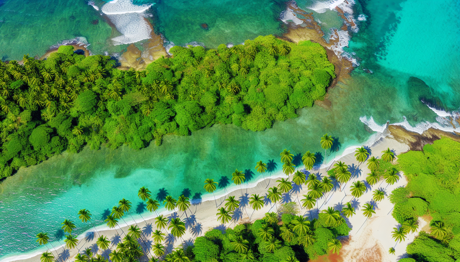 Aerial view of Caribbean coast with lush palm trees and turquoise waters