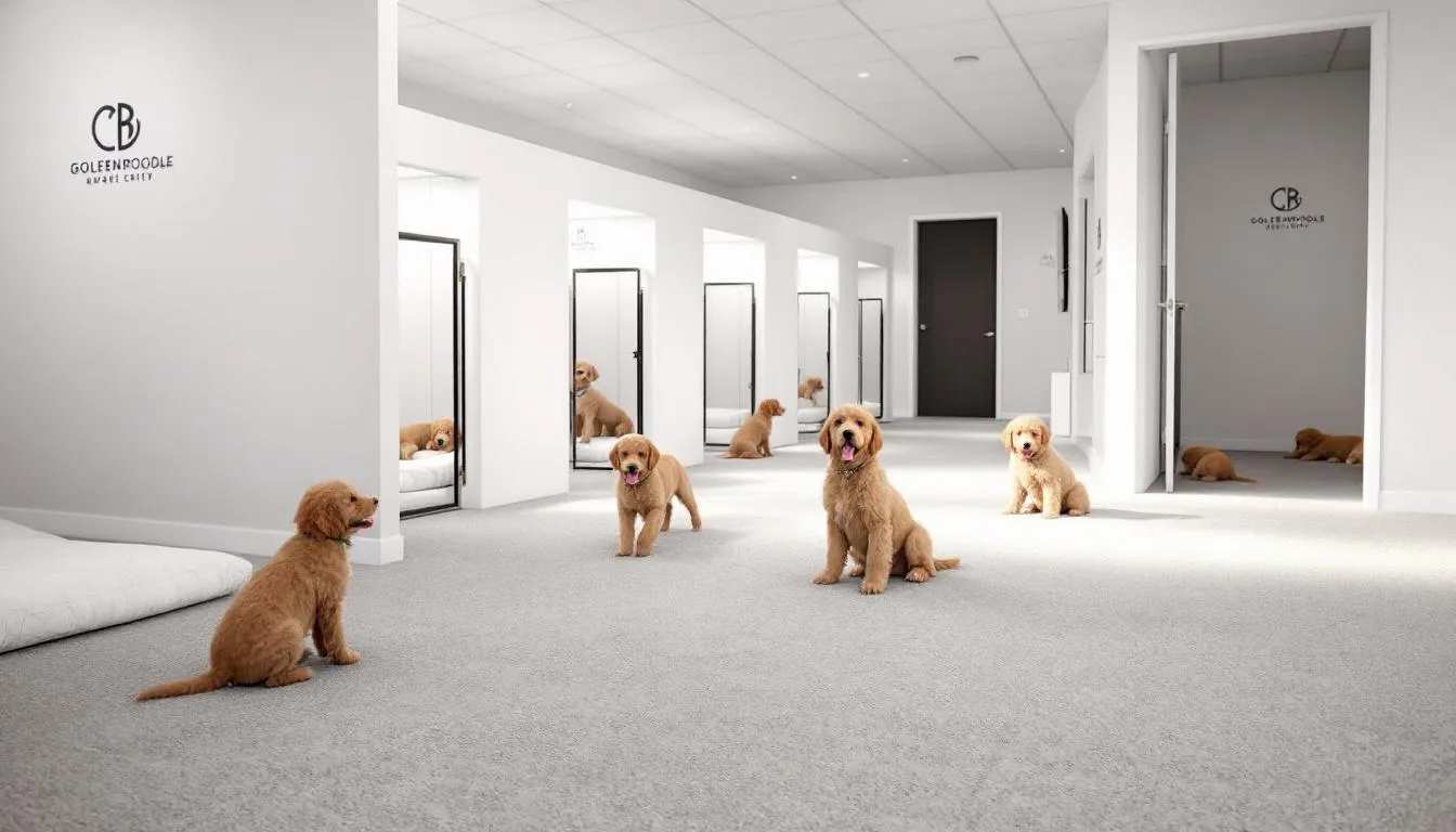 The image depicts a clean and spacious breeder facility designed for Goldendoodles, showcasing various puppy areas where purebred golden retriever and poodle crosses play. The environment emphasizes careful breeding practices, ensuring healthy, hypoallergenic puppies with diverse coat types, including curly and wavy coats, suitable for families and allergy sufferers.