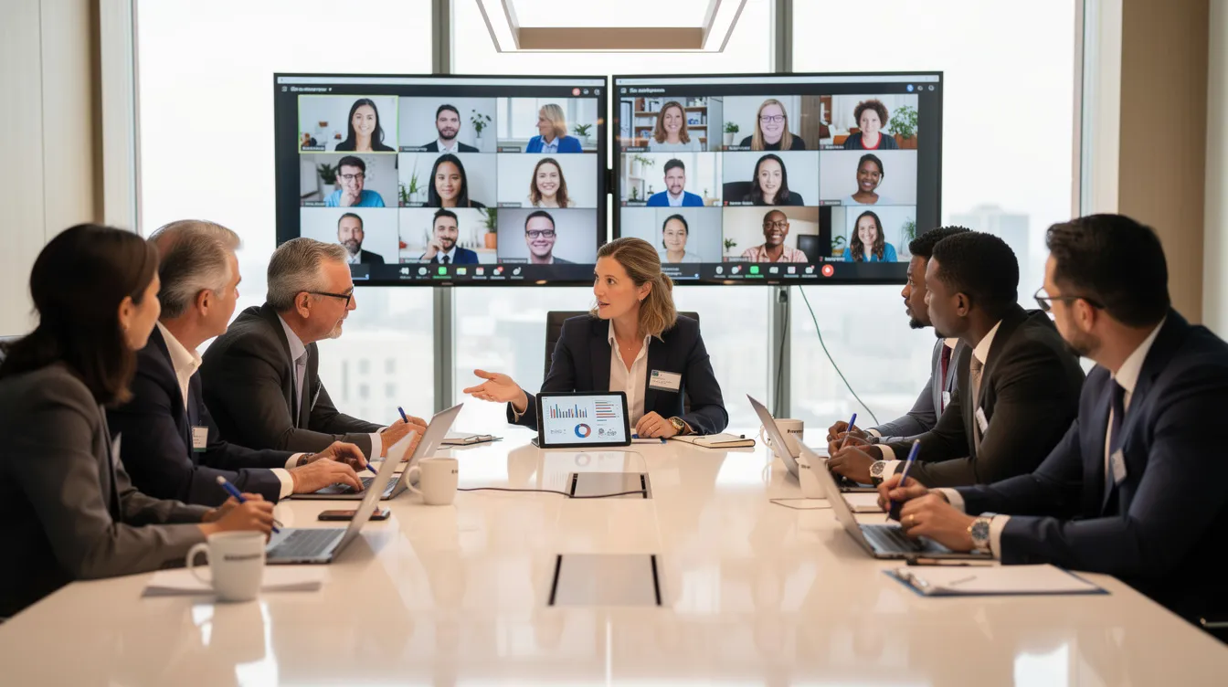 A diverse leadership team is collaborating around a table in a hybrid meeting room, with screens displaying remote participants. This setting reflects effective leadership strategies and team dynamics, showcasing how senior leaders engage in discussions to enhance organizational health and employee engagement.
