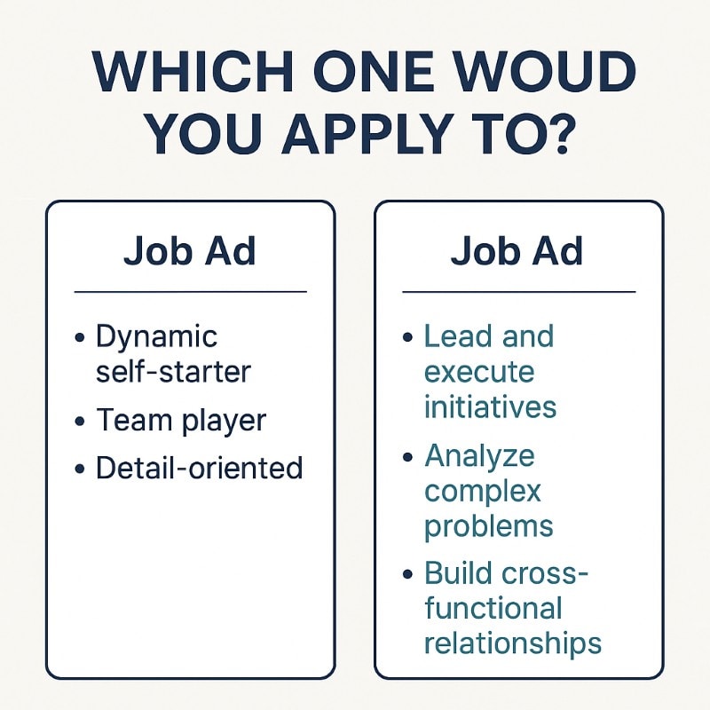 A professional side-by-side graphic titled “Which One Would You Apply To?” compares two job ads. The left column shows a generic listing with phrases like “Dynamic self-starter,” “Team player,” and “Detail-oriented.” The right column features a strategic, outcome-focused job ad with phrases like “Lead and execute initiatives,” “Analyze complex problems,” and “Build cross-functional relationships.” The design uses a clean white background with navy and teal text, reflecting a modern HR branding style.