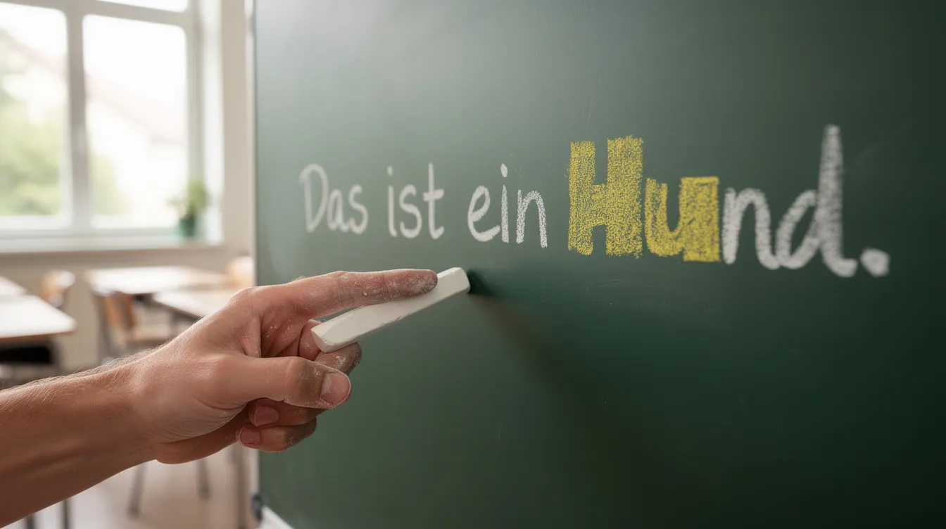 Auf einer Tafel in einem Klassenzimmer steht ein einfacher deutscher Satz, wobei ein bestimmtes Wort farbig hervorgehoben ist. Eine Hand mit Kreide zeigt auf dieses Wort, was die Bedeutung und den Inhalt der Aussage unterstreicht.