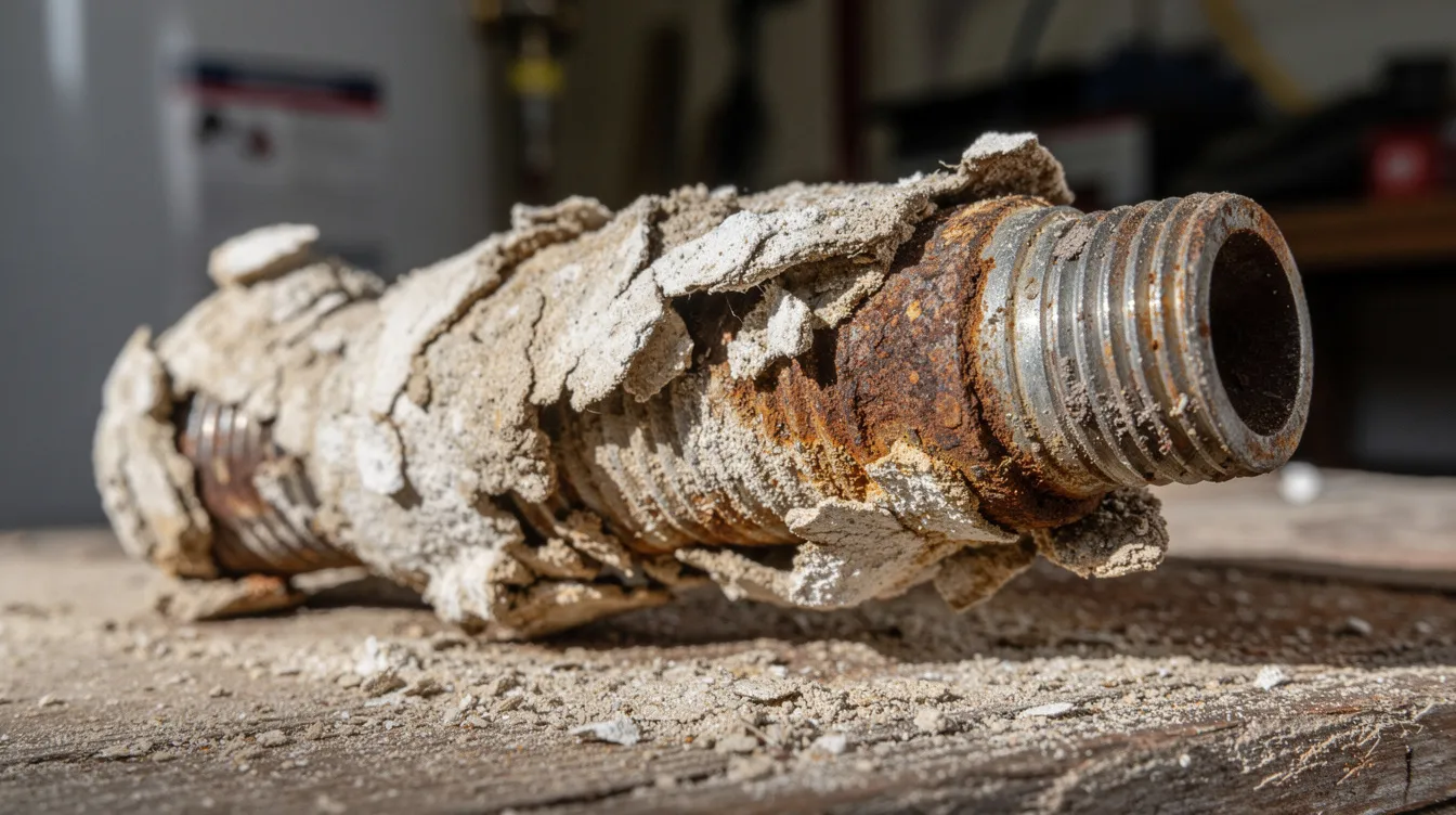 The image shows a close-up view of a corroded anode rod that has been removed from a traditional tank water heater. This component is essential for preventing rust and corrosion inside the water tank, and its deterioration can significantly affect the water heater's lifespan and efficiency.