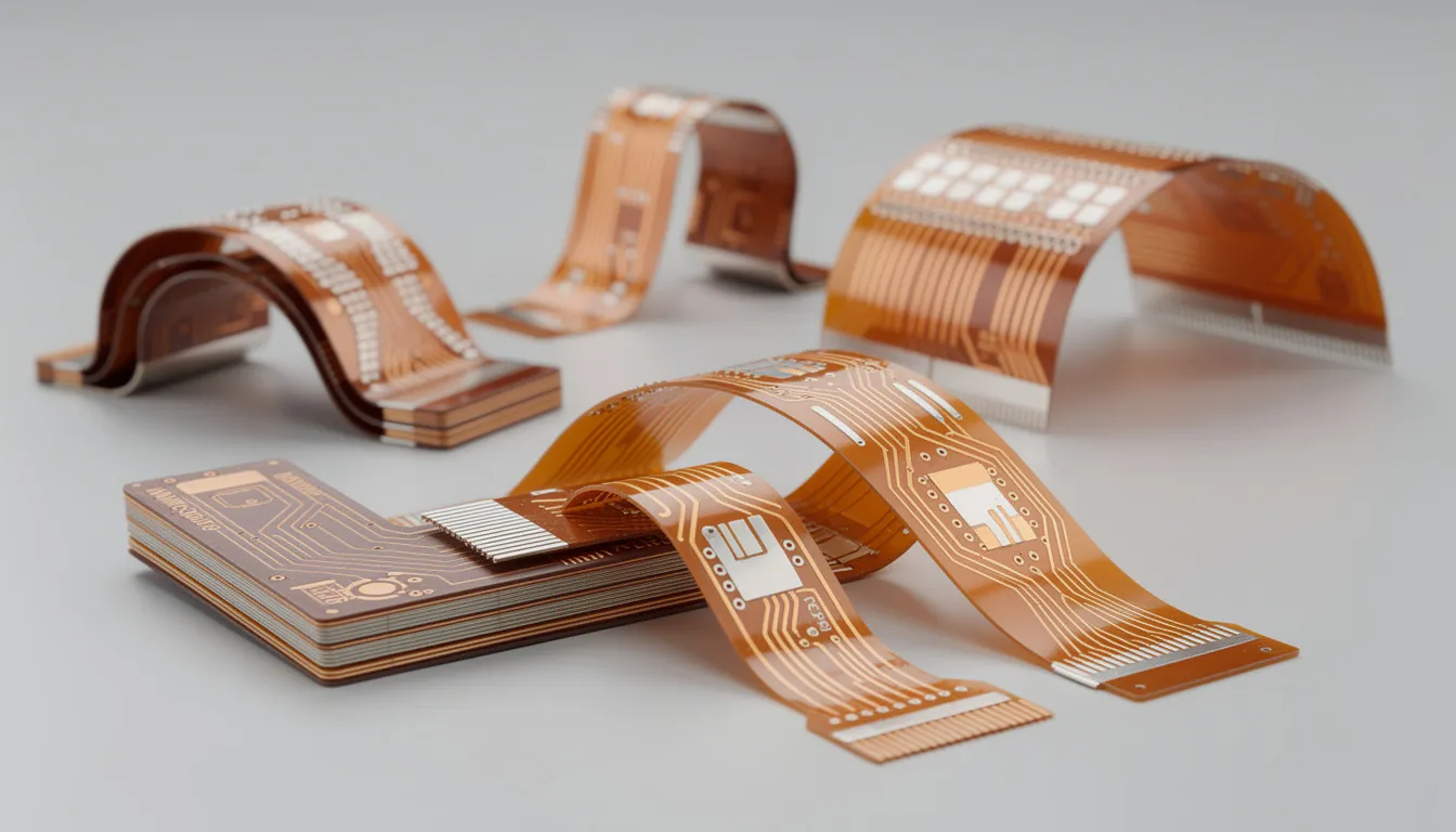 The image showcases a close-up view of various flexible PCB configurations, highlighting different layer counts and bend capabilities, including rigid flex circuits and multilayer flex circuits. These flexible printed circuit boards demonstrate advanced features suited for applications in automotive electronics and medical devices, emphasizing their durability and high performance.