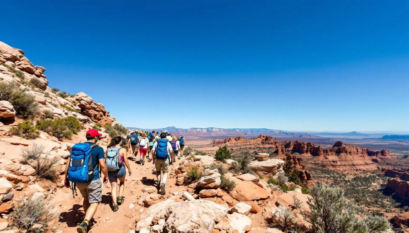 A group of summer hikers traverses mountain trails near Brian Head Resort, surrounded by the breathtaking views of the expansive southern Utah landscape. The scene captures the beauty of nature as families and friends enjoy their outdoor adventure in this picturesque setting.