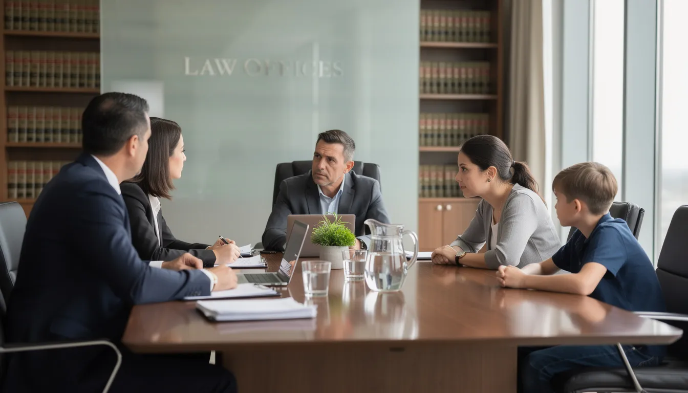 The image depicts a family gathered around a conference table in a law office, engaged in a serious discussion with experienced attorneys about a traumatic brain injury case. The atmosphere is focused, highlighting the importance of legal representation for brain injury victims as they navigate the complexities of personal injury claims and medical expenses.