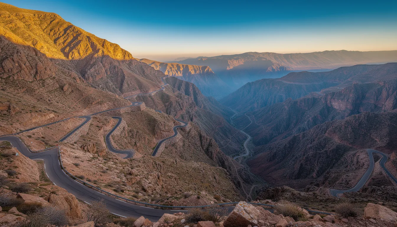 A winding mountain road traverses the majestic Atlas Mountains, offering breathtaking views of dramatic valleys below. This scenic route leads to the southern Morocco desert, where travelers can experience the beauty of the Moroccan Sahara and its stunning landscapes.