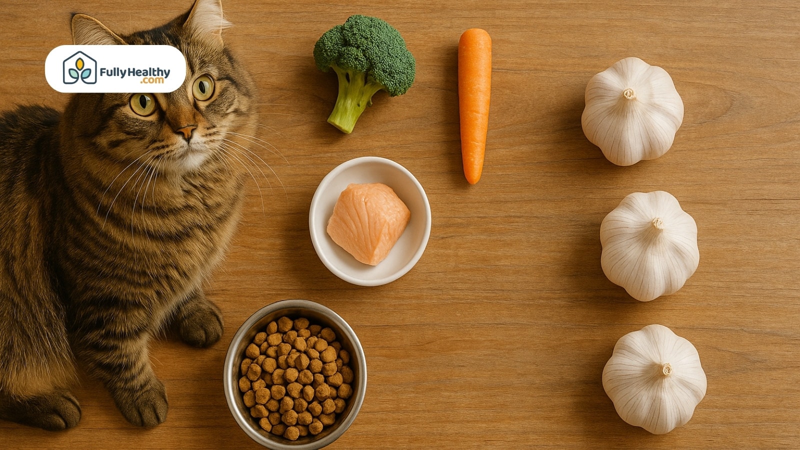 Cat surrounded by various food options including garlic and vegetables