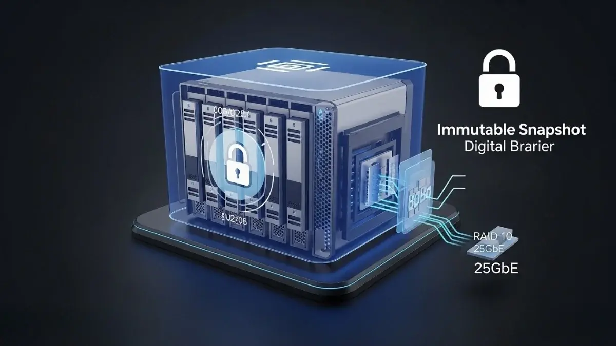 NAS storage architecture with CMR drives, NVMe caching, and 10GbE for RAID data protection.