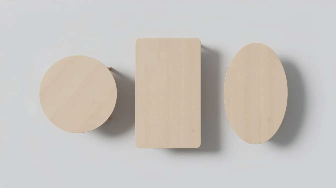 Bildbeskrivning: Tre olika former av matbord visas uppifrån; ett runt bord, ett rektangulärt köksbord och ett ovalt matbord, alla i olika material som trä och laminat. Varje bord är designat för att rymma flera personer och passar bra i hemmet, vilket ger en känsla av stil och funktionalitet.