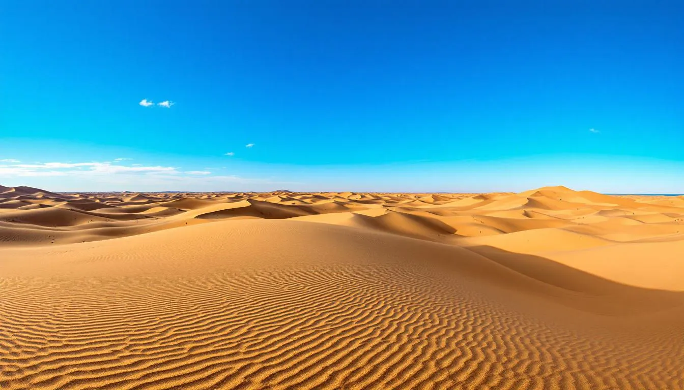 A breathtaking panoramic view of golden sand dunes in the Sahara Desert stretches endlessly to the horizon, set against a vibrant azure sky. This stunning landscape captures the essence of southern Morocco's desert beauty, inviting adventure seekers to explore the Erg Chebbi dunes and experience the magic of a desert tour.
