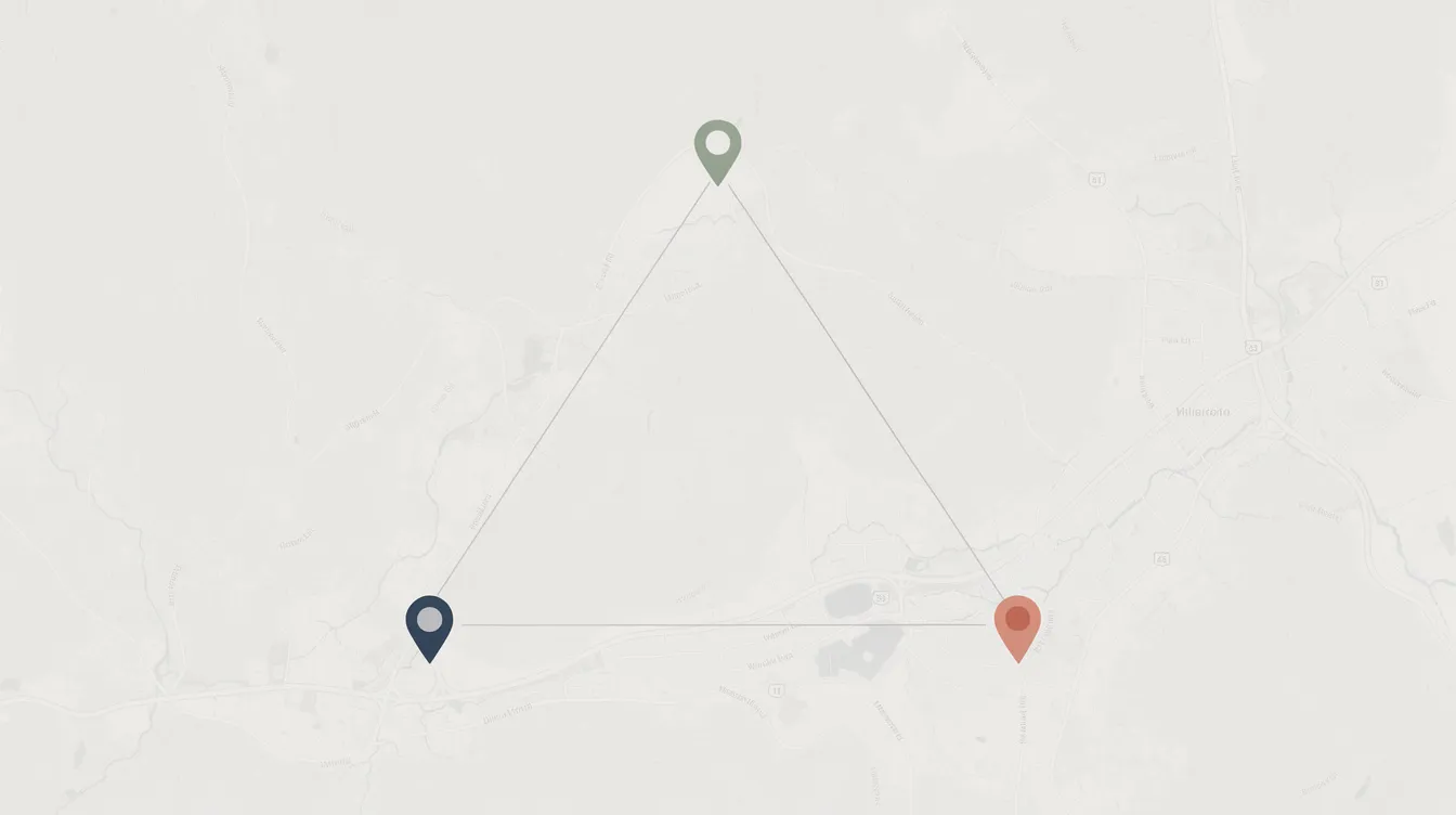 Na mapie przedstawiono trzy zaznaczone punkty, które tworzą trójkąt. Może to być przykład zastosowania twierdzenia odwrotnego do twierdzenia Pitagorasa, które dotyczy długości boków trójkąta prostokątnego.