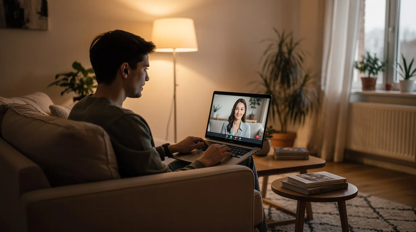 A person is sitting comfortably at home with a laptop, participating in an online video therapy session, which highlights the importance of mental health support through talking therapies. The cozy and private setting reflects a safe space for discussing feelings and managing challenges like anxiety or depression with a professional therapist.