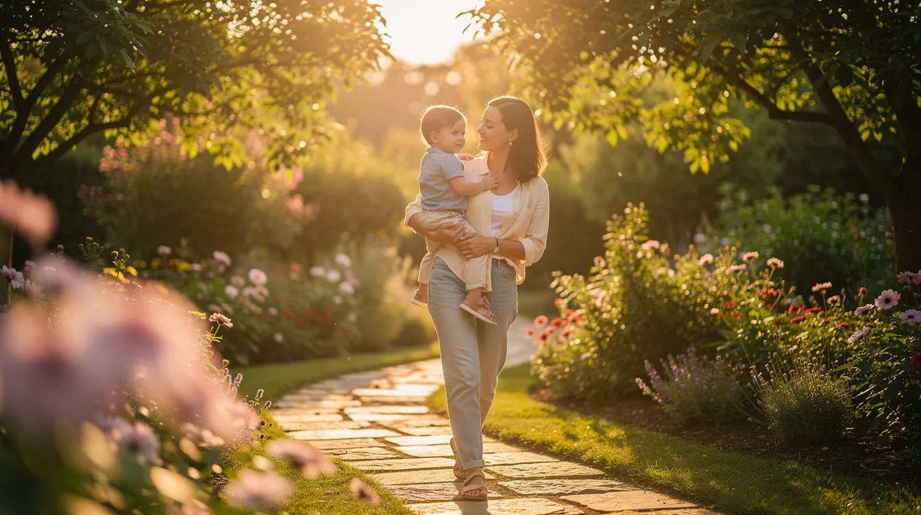 A mother lovingly holds her young child while strolling through a vibrant, sunlit garden, surrounded by blooming flowers and greenery. This heartwarming scene captures the essence of motherhood and the joy of spending quality time outdoors.