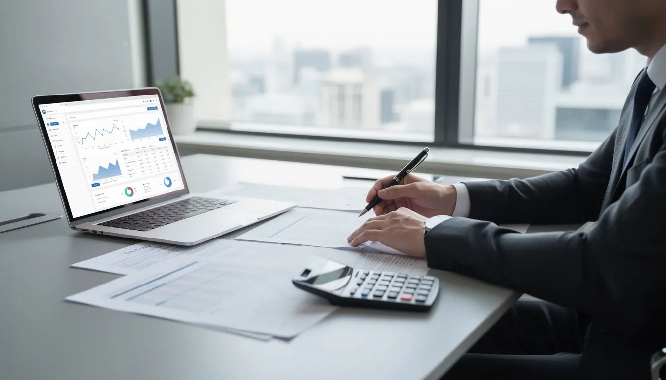 A professional is seated at a modern desk, reviewing financial documents with a laptop and calculator in front of them, emphasizing the importance of accurate financial records and effective real estate bookkeeping for managing personal and business finances. The scene reflects the meticulous nature of financial planning and accounting in the real estate industry.