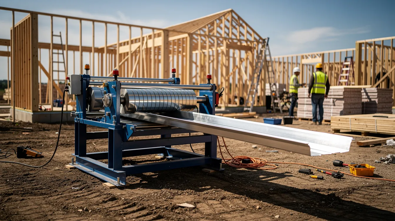 A portable roll-forming machine is actively producing a continuous aluminum gutter section on a construction site, showcasing efficient gutter installation practices. This equipment is essential for gutter contractors in the Pueblo area, ensuring a perfect fit for seamless gutters that protect homes from water damage.