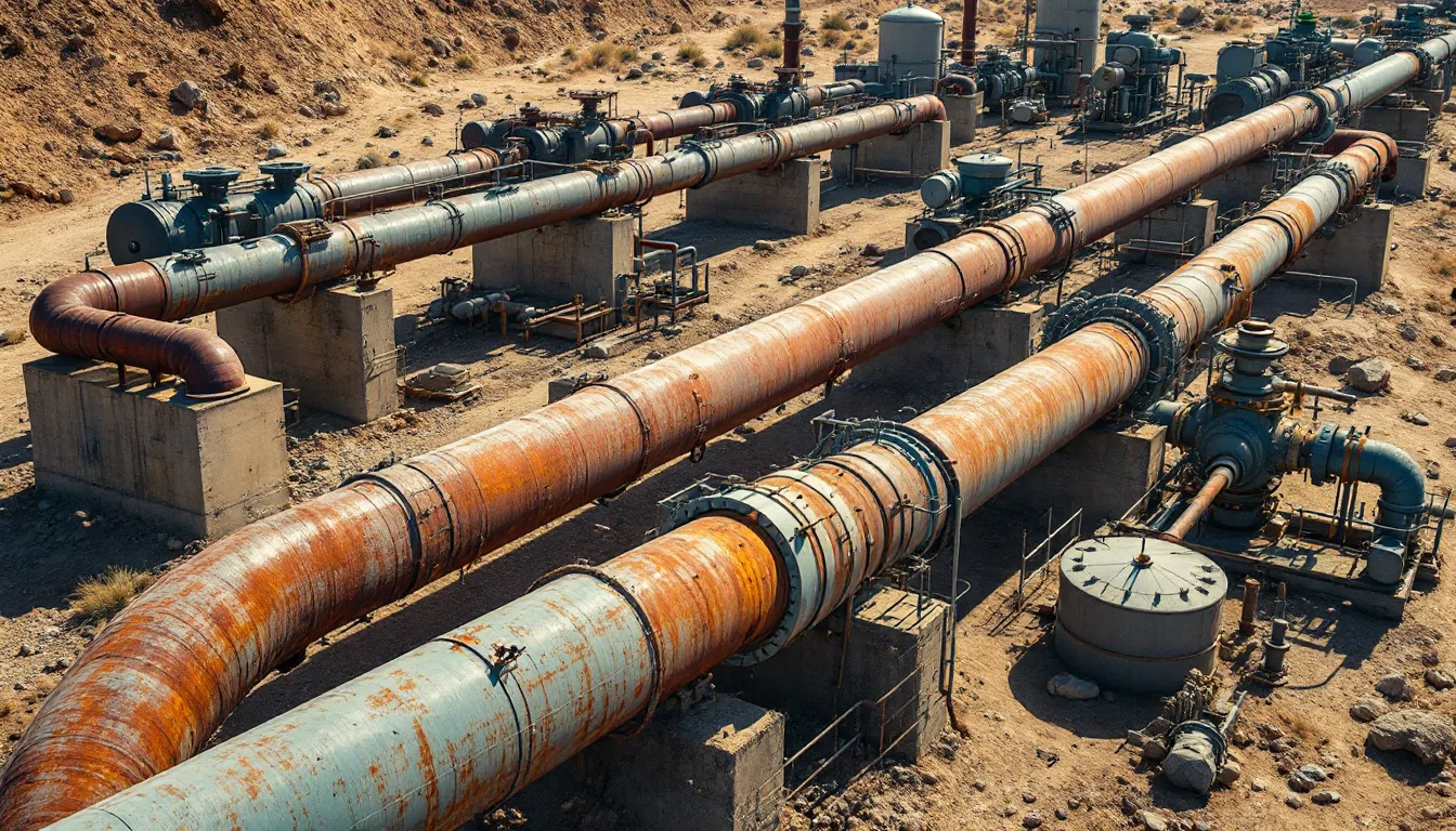 The image depicts a sprawling industrial natural gas pipeline infrastructure, featuring various processing equipment that plays a crucial role in the natural gas market.