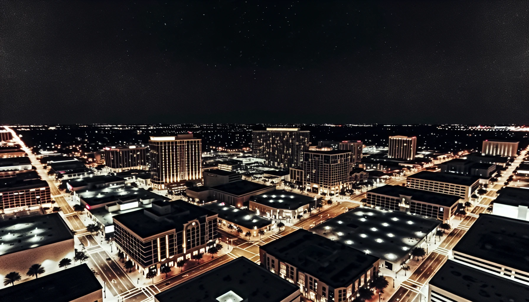 Cityscape of Orlando at night with illuminated buildings and streets