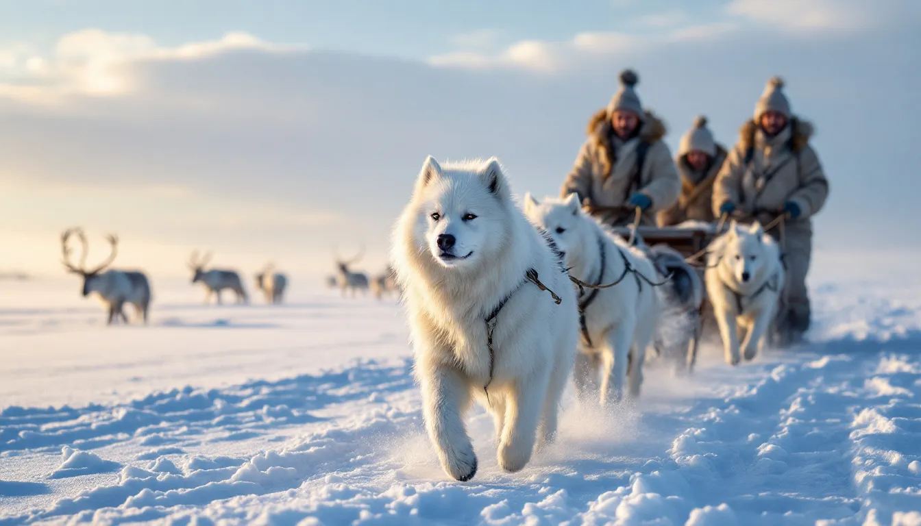 A team of Samoyed dogs with thick, fluffy white coats pulls a wooden sled across the icy Siberian tundra, accompanied by nomadic Nenets people dressed in traditional fur garments. In the background, reindeer can be seen against the early morning arctic light, capturing a detailed and realistic 19th-century scene.