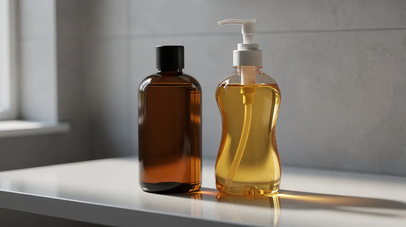 The image features two bottles of high-quality castor oil placed side by side on a bathroom shelf; one is an amber glass bottle containing golden oil, while the other is a clear plastic bottle. Both bottles highlight the nourishing properties of organic castor oil, ideal for skin and hair care.