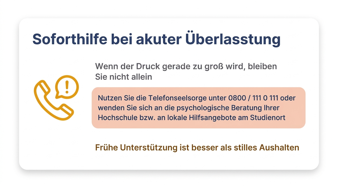 Infografik zur Soforthilfe bei akuter Überlastung mit dem Hinweis, nicht allein zu bleiben und die Telefonseelsorge oder psychologische Beratung zu kontaktieren.