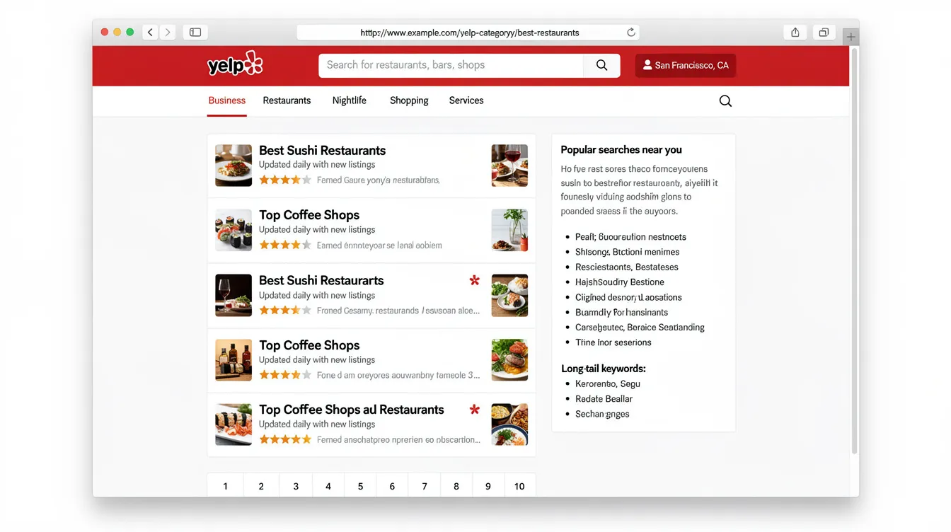 The image depicts a Yelp category page designed using a programmatic SEO strategy, featuring optimized landing pages that utilize structured data and relevant keywords to enhance search engine visibility. It showcases how programmatic pages can be automatically generated to target specific long-tail keywords and user search intent, ultimately driving organic traffic and improving keyword rankings on search engine results pages.