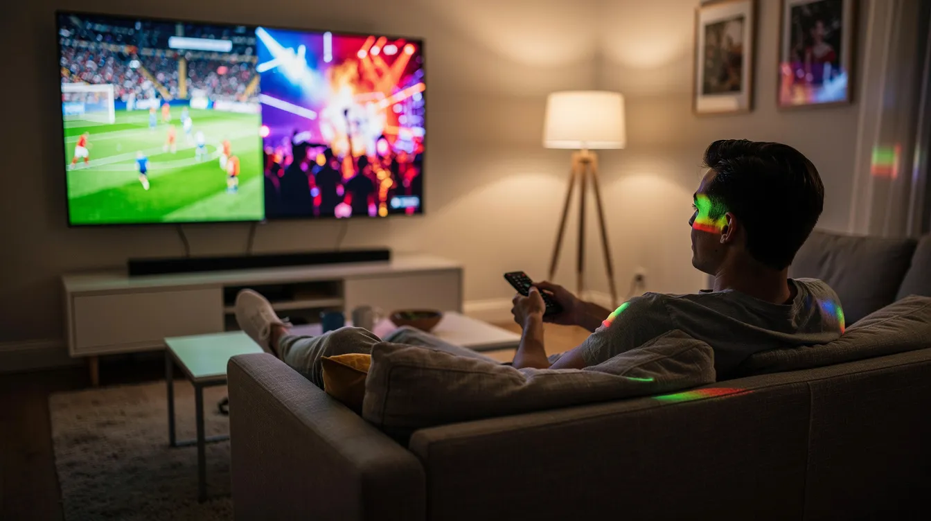 A person is comfortably lounging on a couch, watching a large flatscreen TV that showcases vibrant sports and entertainment content. This scene highlights the enjoyment of watching live TV through a reliable IPTV service, perfect for sports fans seeking unlimited entertainment.