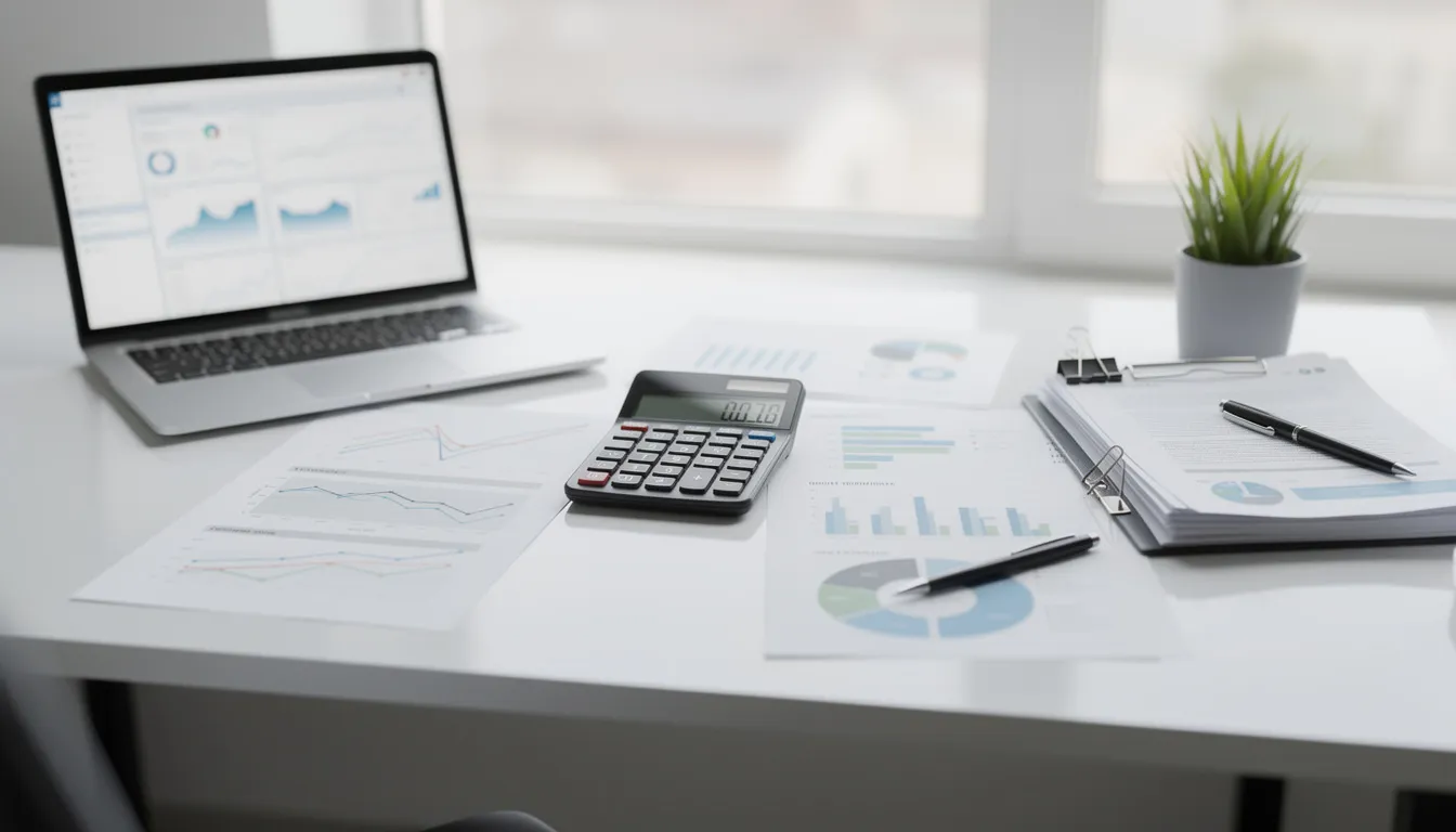 The image features a modern desk equipped with a calculator and various financial charts, symbolizing wealth management and investment strategies for business owners. This setup suggests a focus on personal and business investments, aiding in achieving financial goals and planning for business growth.