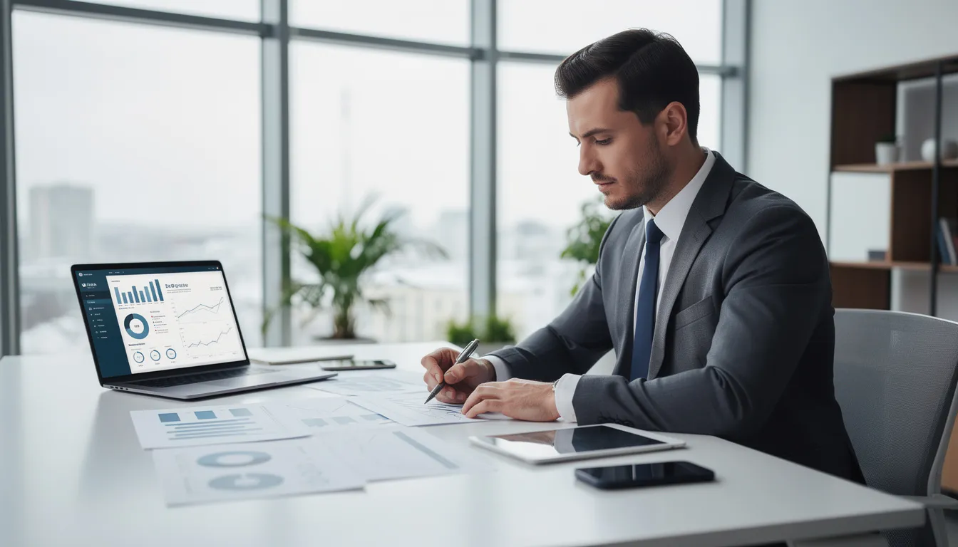 A professional business owner is seated at a modern office desk, reviewing financial documents related to retirement plans, including an individual pension plan and defined benefit pension plan. The workspace is organized, highlighting the importance of retirement income and the various contributions involved in pension legislation.