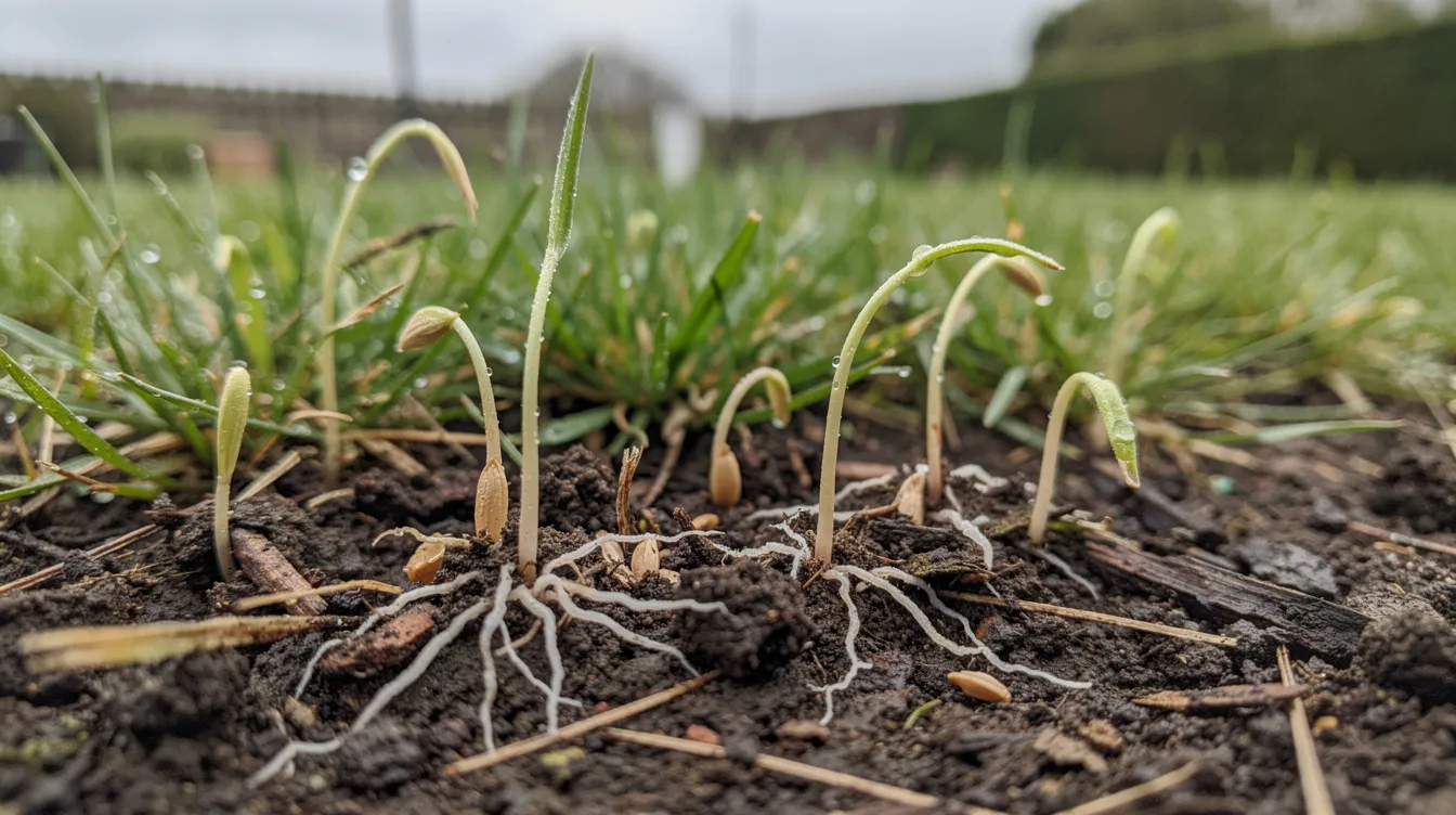 The image depicts germinating grass seeds in a UK lawn, showcasing the process of grass seed germination as the first roots and shoots emerge from the moist soil. This scene highlights the ideal conditions for sowing seed, including the appropriate soil temperature and moisture levels needed for perennial ryegrass to thrive in spring.