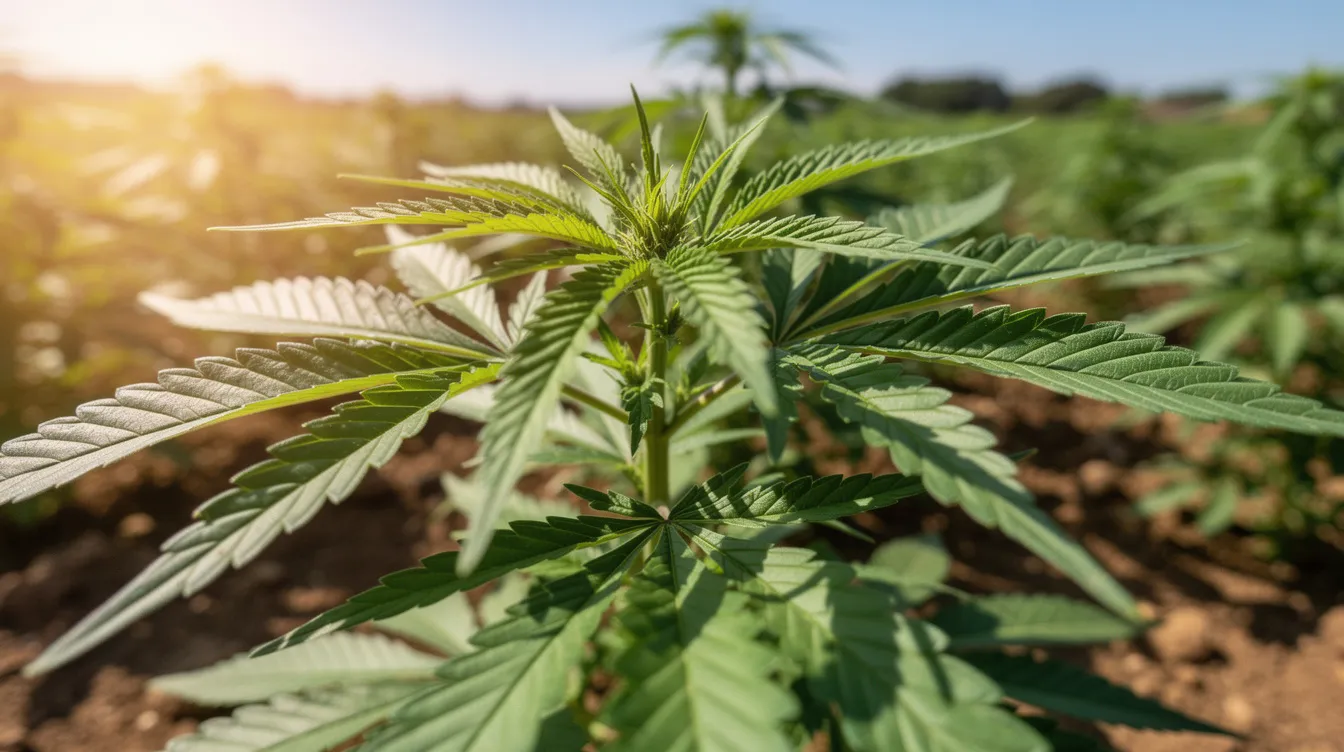 The image features a close-up view of vibrant green hemp leaves thriving in a sunny agricultural field. These cannabis plants are a crucial part of the hemp industry, which includes various hemp-derived products that are becoming increasingly popular and legally recognized in states like Nevada.