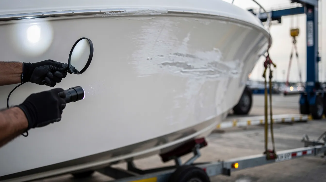 A close-up view of a boat hull being inspected, showcasing the intricate details and condition of the surface before its upcoming transport. This inspection is a crucial step for boat transport companies to ensure safe shipping and handling during the boat's journey to its destination.