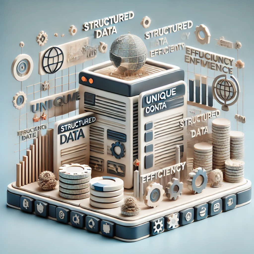 Sitio web informativo con contenido único y organizado, íconos de datos estructurados y eficiencia. | Posiciona.Digital