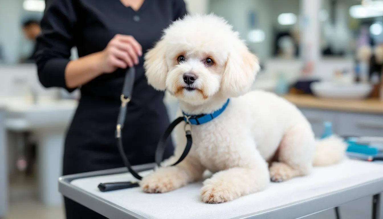 A miniature poodle is being groomed at a salon, receiving a professional trim to maintain its curly coat. The dog sits calmly on a grooming table, surrounded by grooming tools, showcasing its elegant appearance and friendly demeanor.
