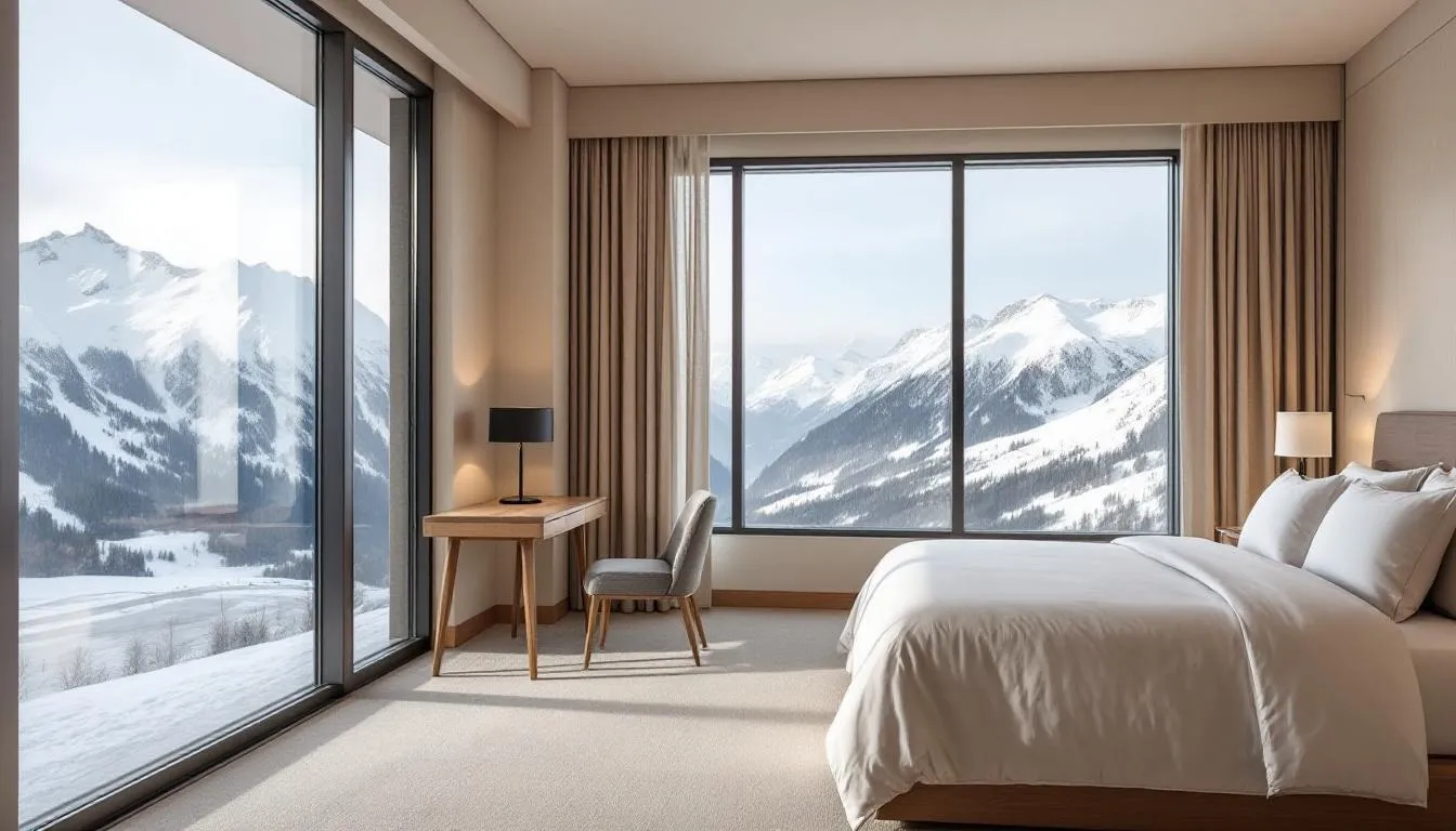 The image depicts a cozy hotel room interior at Brian Head Lodge, featuring large windows that offer stunning mountain views, and comfortable bedding inviting guests to relax. This inviting space is perfect for travelers looking to enjoy the amenities of Brian Head Resort in southern Utah.