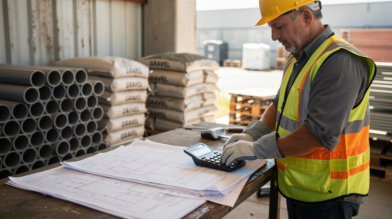 Une personne utilise une calculatrice à côté de matériaux de construction tels que des tuyaux et des sacs de gravier, illustrant ainsi les étapes de mise en œuvre d'un projet d'assainissement non collectif, comme l'installation d'une micro station d'épuration. Cette scène évoque les démarches nécessaires pour les propriétaires souhaitant réaliser des travaux d'assainissement dans leur maison.