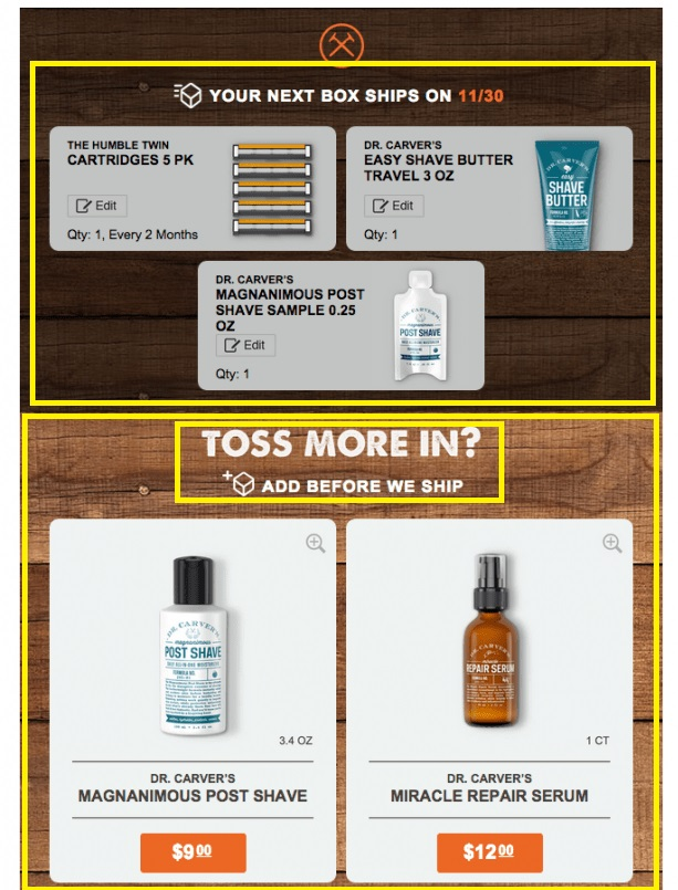 Example of order confirmation email with Upsell & Cross sell offer - Source Dollar Shave Club/Omnisend | TheBloggingBox.com